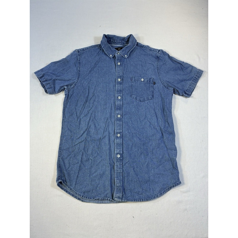 Obey Worldwide‎ Denim Shirt Mens Medium Blue Short Sleeve Button Down Cotton